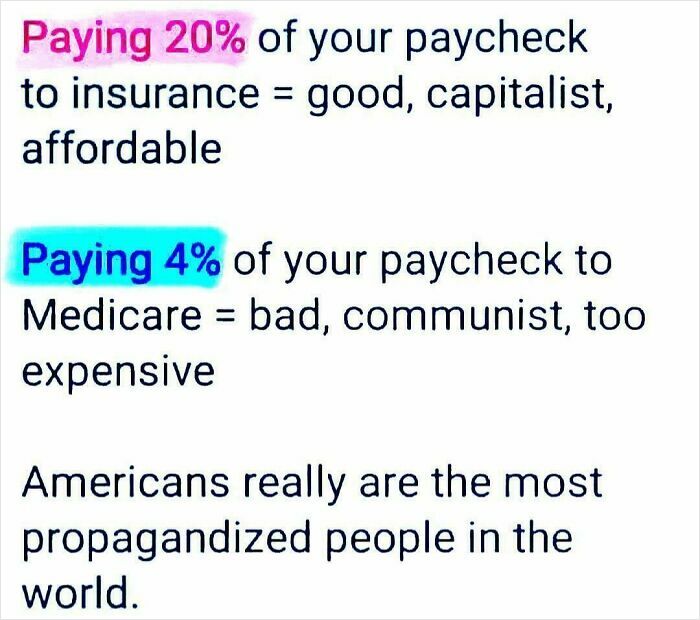 Comparison of paying 20% for insurance seen as good versus paying 4% for Medicare viewed as bad, showing basic logic absence.