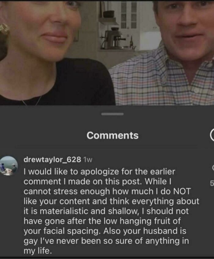 Two people in a funny failed attempt moment with an awkward social media apology comment displayed below.