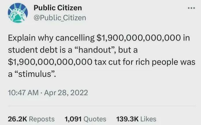 Tweet highlighting a facepalm moment about basic logic in comparing student debt cancellation to tax cuts for the rich.