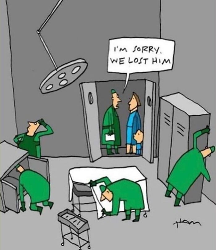 Cartoon showing confused doctors looking for a lost patient in an operating room medical meme.