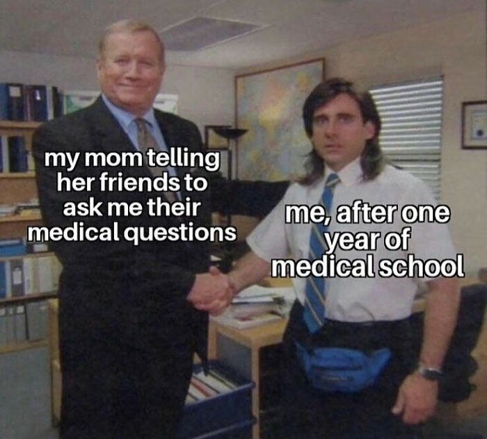 Two men shaking hands in an office with text about medical questions and one year of medical school, funny medical memes.