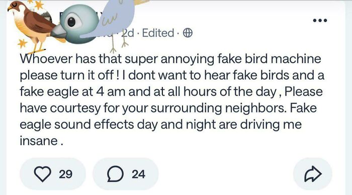 Screenshot of a neighbor complaining about a fake bird machine disturbing the community in a neighbors app post.
