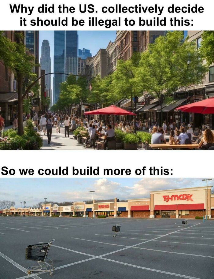 Busy urban street with outdoor seating contrasted with empty suburban shopping plaza, highlighting affordable housing issues in the US.
