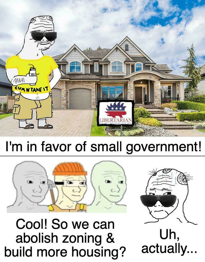 Cartoon criticizing lack of affordable housing in the US with debate on small government and housing zoning policies.