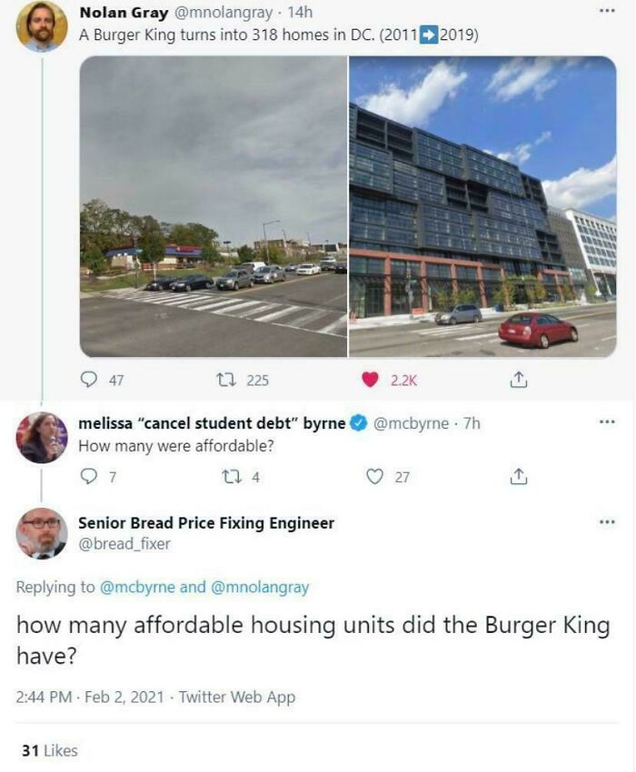 Tweet thread showing discussion about affordable housing in the US with before and after images of a Burger King site converted to homes.