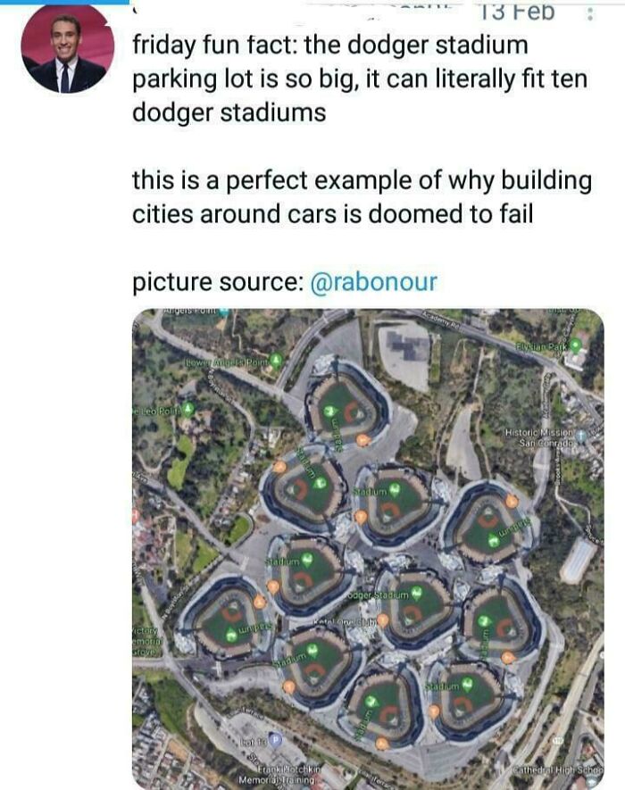 Aerial view showing large parking lots around multiple Dodger Stadiums, highlighting urban planning and affordable housing issues.