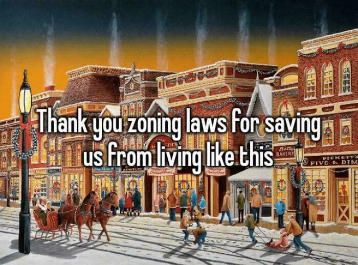Illustration of a snowy town street with text criticizing zoning laws and affordable housing issues in the US.