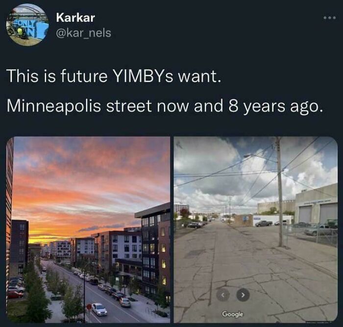 Comparison of Minneapolis street now and 8 years ago highlighting affordable housing and urban development issues.