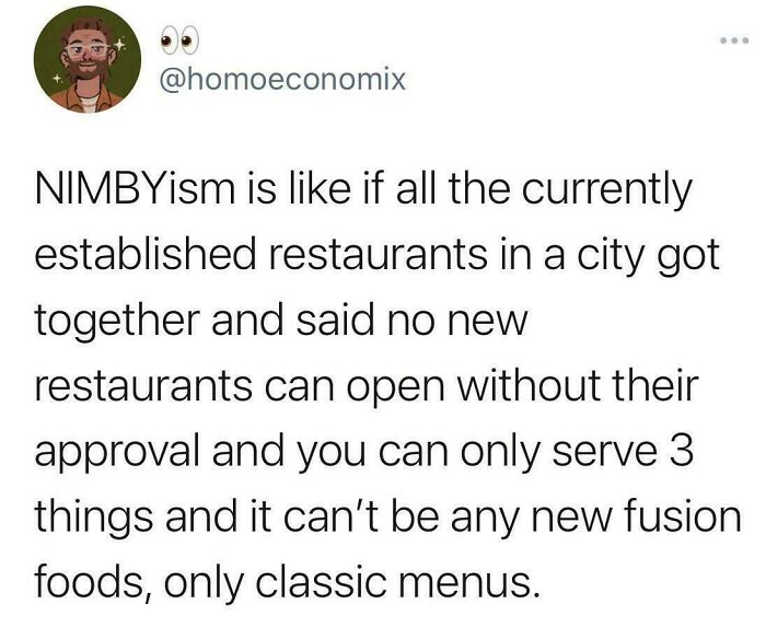 Screenshot of a social media post explaining NIMBYism as a barrier to new housing development and affordable housing in the US.