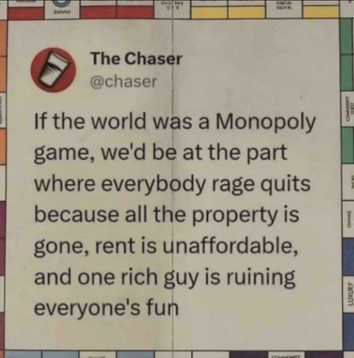 Monopoly game meme highlighting unaffordable rent, lack of property, and issues with housing affordability in the US.