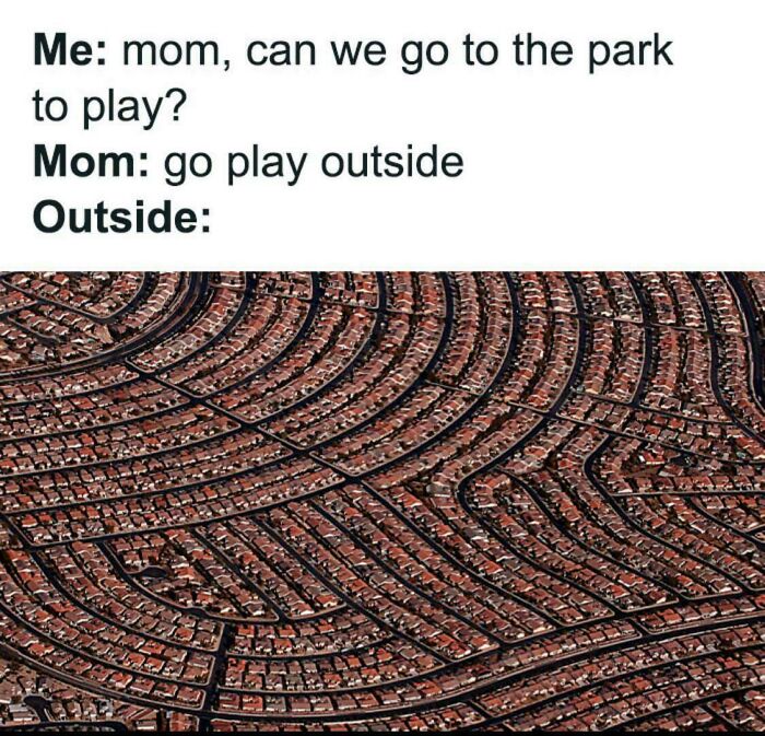 Aerial view of dense suburban housing illustrating criticism of lack of affordable housing in the US shared on Georgism group.