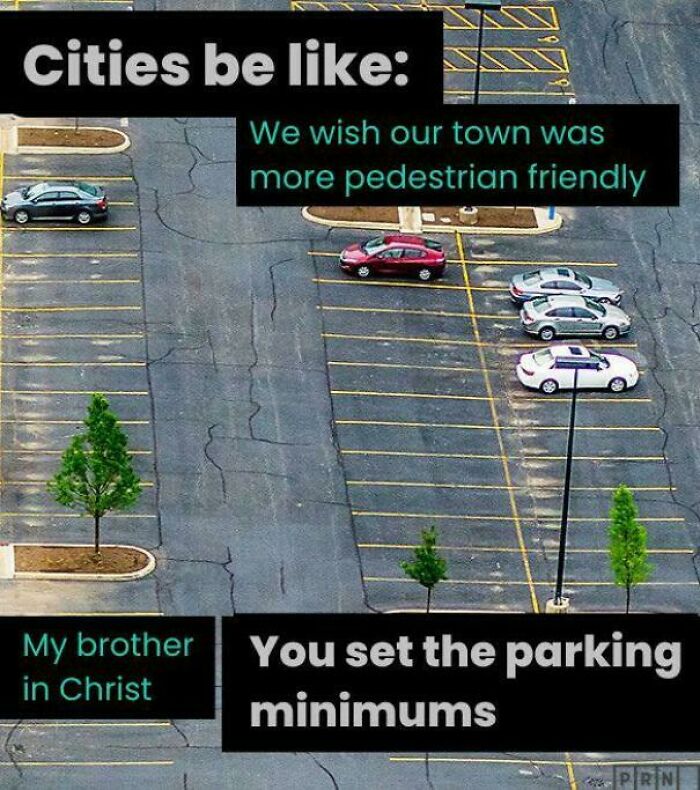 A mostly empty parking lot with minimal trees and text about pedestrian friendliness and parking minimums in US cities.