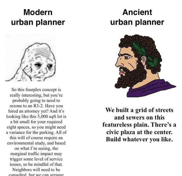 Comparison of modern and ancient urban planners highlighting challenges in affordable housing and flexible city design.