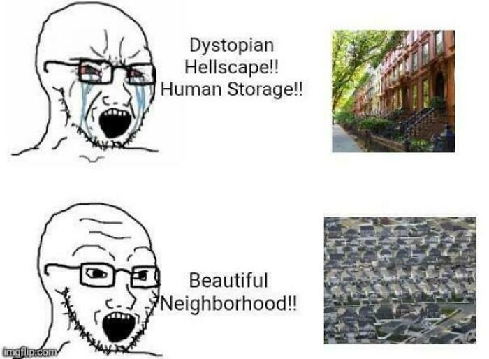 Two cartoon faces debating affordable housing in the US, contrasting brownstone neighborhood and suburban sprawl images.