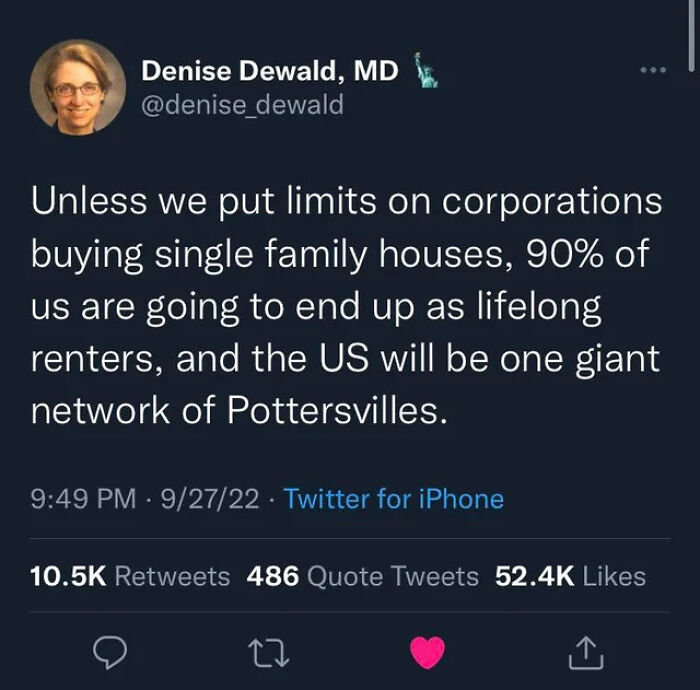 Tweet by Denise Dewald criticizing lack of affordable housing and warning about lifelong renters in the US.