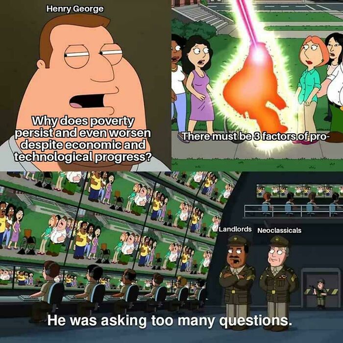 Animated meme showing characters discussing poverty and affordable housing issues linked to landlords and economic progress.