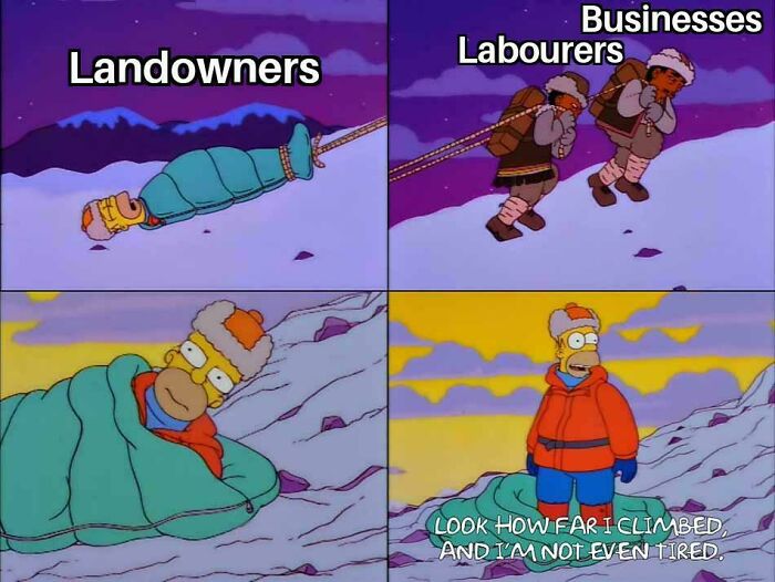 Homer representing landowners being carried by labourers and businesses, illustrating affordable housing and economic burden.