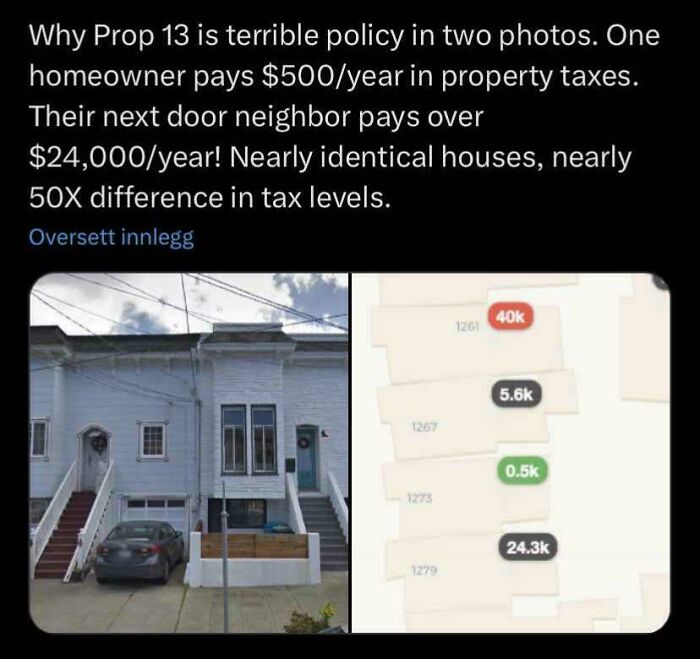 Comparison of two similar houses showing a large disparity in property taxes, highlighting affordable housing issues in the US.