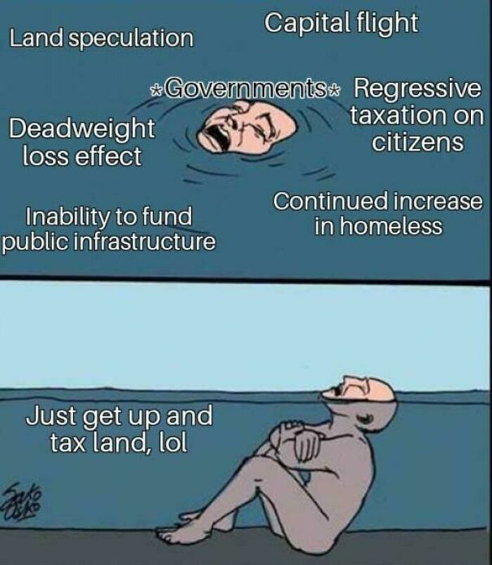Illustration showing governments struggling with housing issues like land speculation and homelessness, suggesting taxing land as a solution.