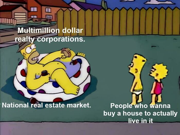 Scene from The Simpsons depicting affordable housing issues, with labels on real estate corporations and homebuyers in the US market.