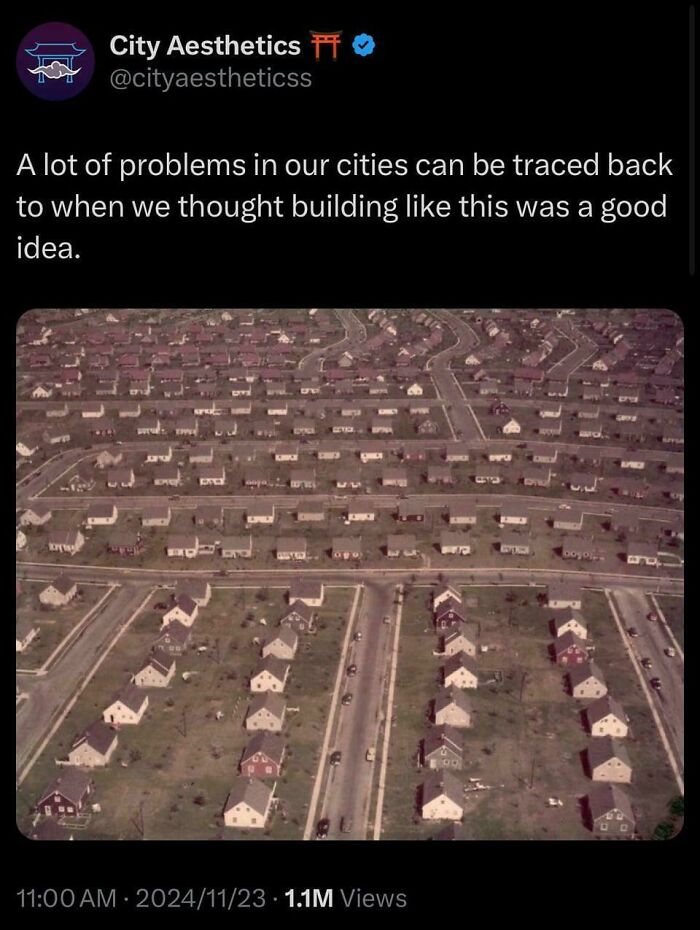 A social media post criticizing urban planning with an aerial view of suburban housing and lack of affordable housing in the US.