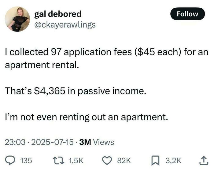 Tweet showing a user discussing passive income from apartment rental application fees amid affordable housing issues in the US.