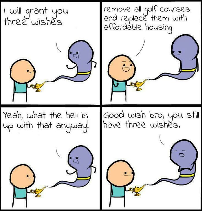 Cartoon showing a genie offering wishes to replace golf courses with affordable housing, highlighting housing criticism in the US.