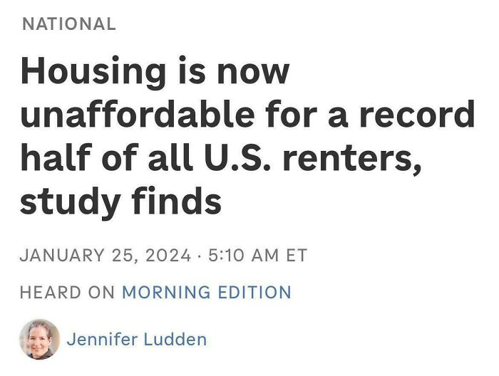 Headline about housing affordability crisis in the US, highlighting record unaffordability for half of renters.