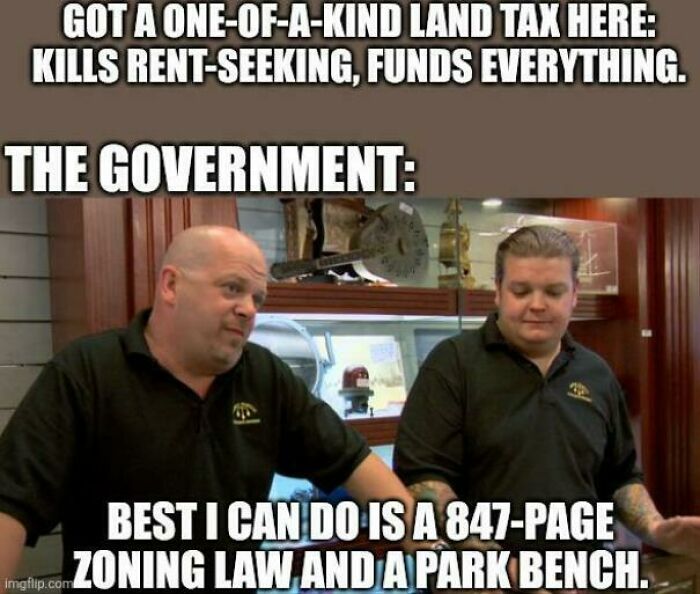 Two men in a p**n shop meme illustrating government’s inadequate response to land tax and affordable housing issues.
