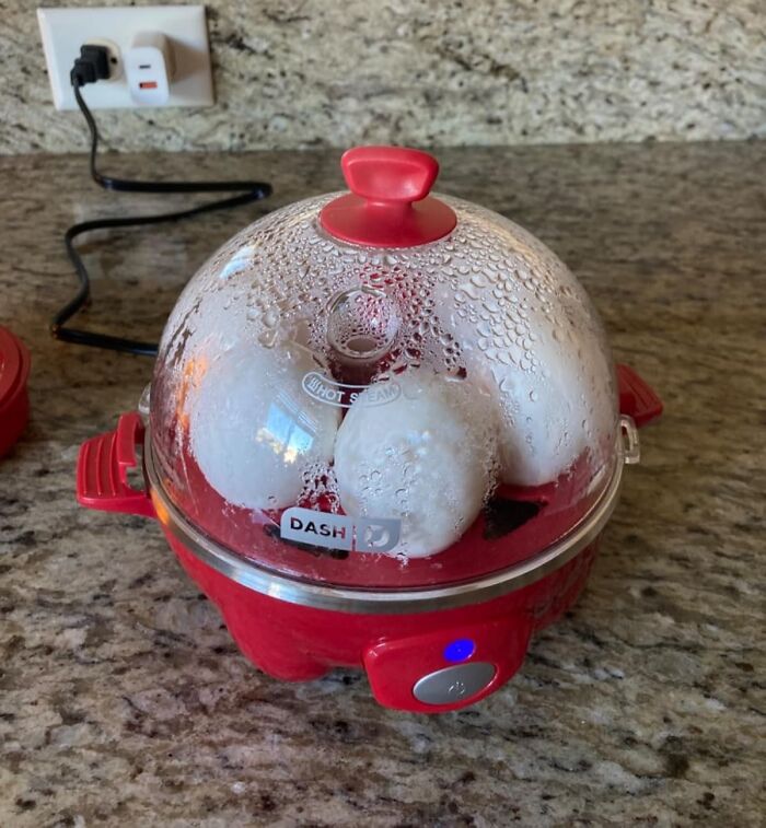 Red electric egg cooker steaming eggs on a kitchen counter, a dorm kitchen survival guide essential for students.