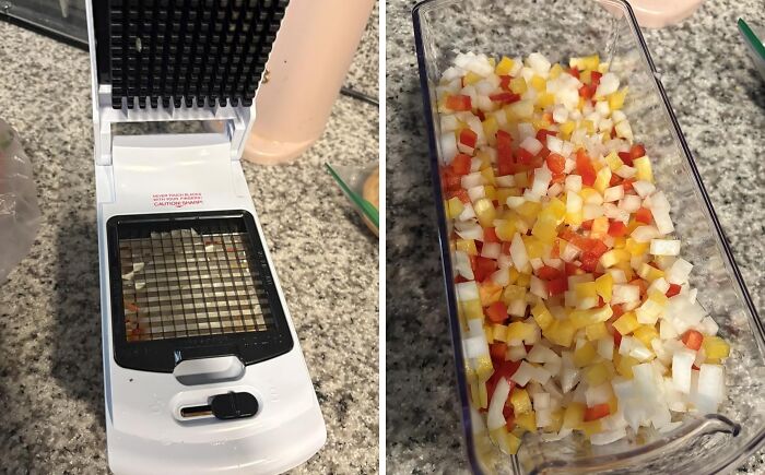 Chopper tool on a kitchen counter with diced red, yellow, and white vegetables for dorm kitchen survival.