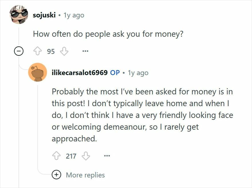 Online Q&A featuring a young millionaire with no friends discussing being rarely approached for money requests.