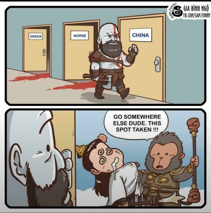 Comic strip showing chaotic mythology meme with characters from Greek, Norse, and Chinese mythology in a humorous reality TV style.