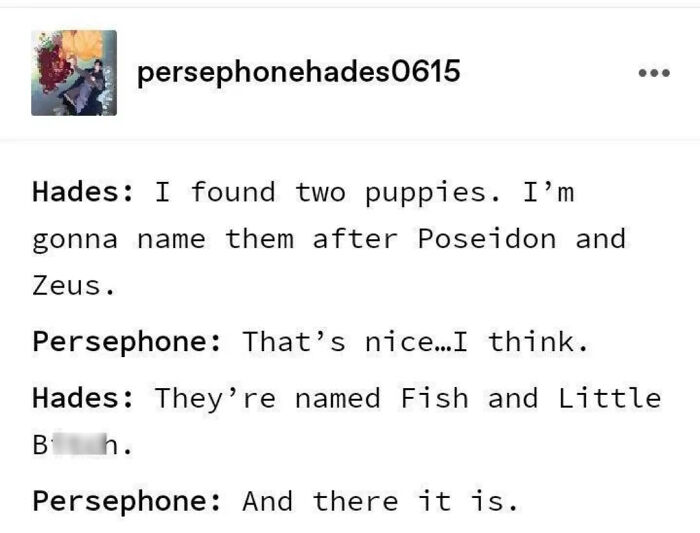 Screenshot of a chaotic mythology meme showing Hades naming puppies after Poseidon and Zeus with humorous dialogue.