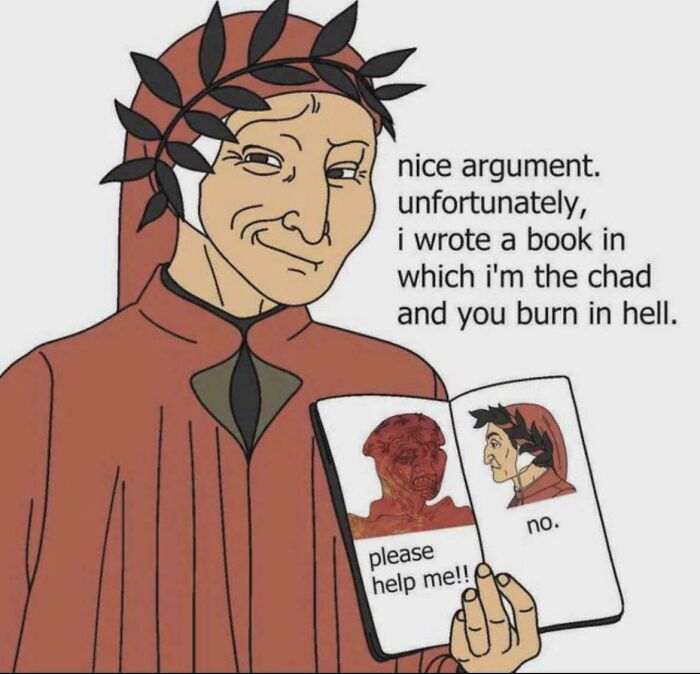 Ancient mythology meme featuring a character holding a book with a humorous hell-related argument.