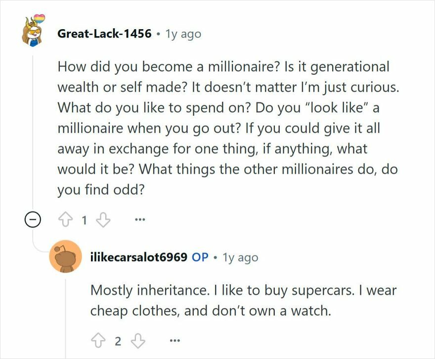 Online Q&A showing a young millionaire discussing inheritance, spending on supercars, and wearing cheap clothes.