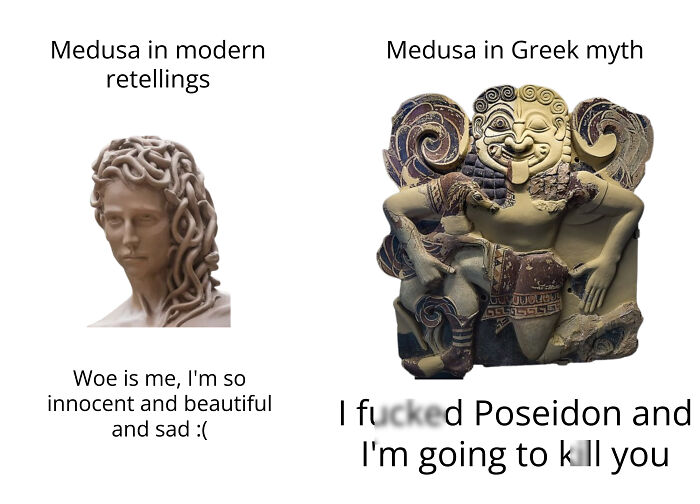 Medusa depicted in modern retellings versus original Greek mythology in chaotic mythology memes format.