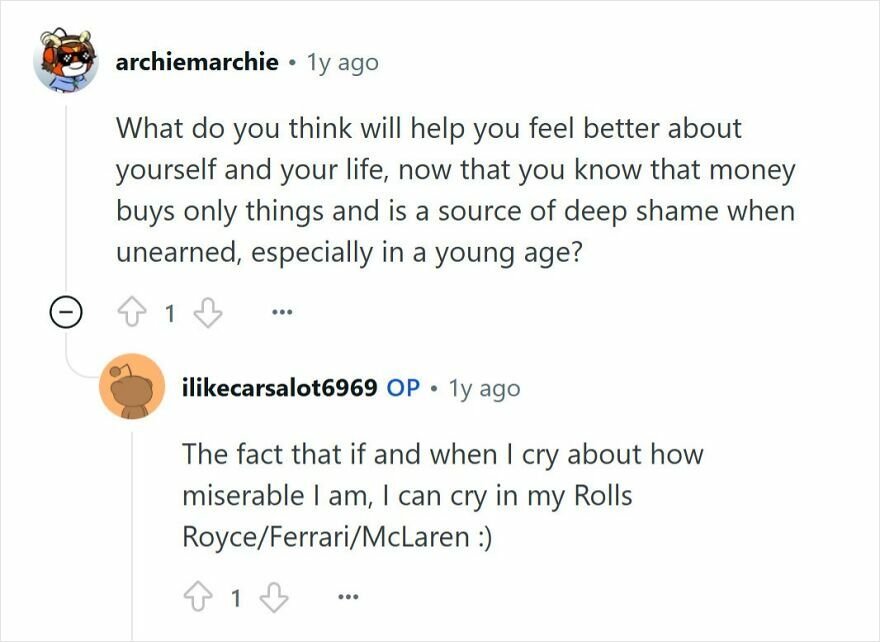Screenshot of an honest online Q&A where a young millionaire discusses feelings of shame and luxury cars.