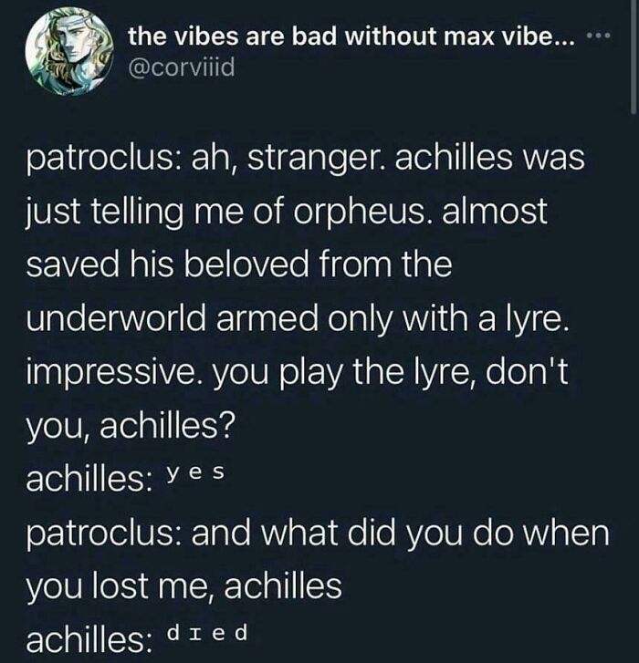 Twitter meme text about Greek mythology characters Achilles and Patroclus referencing ancient reality TV chaos.