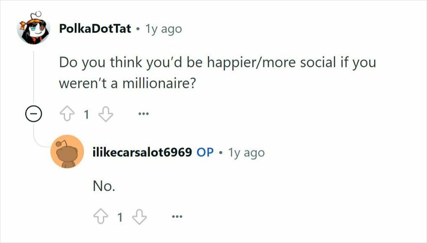 Online Q&A showing a young millionaire with no friends answering questions about happiness and social life.