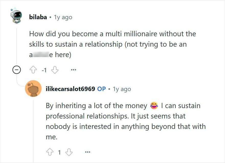 Online Q&A showing a young millionaire opening up about relationships and having no friends despite their wealth.