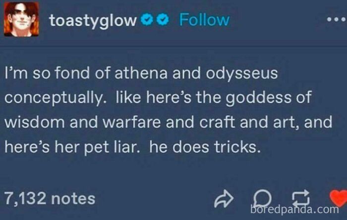 Social media post humor about Athena, Odysseus, and mythology with references to wisdom, warfare, and trickster themes.