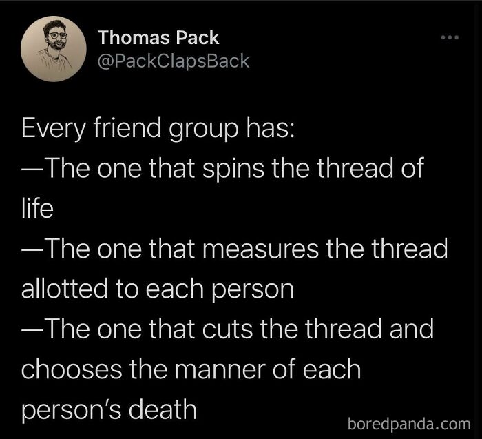 Tweet by Thomas Pack describing mythical roles in a friend group, related to chaotic mythology memes and ancient reality TV.