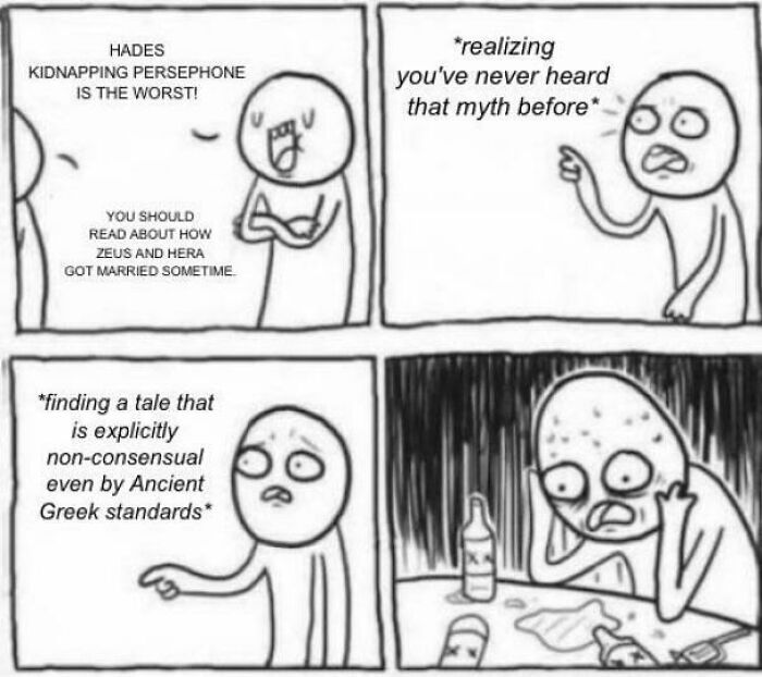 Four-panel meme depicting a stick figure reacting to chaotic and non-consensual mythology tales in ancient Greek myths.