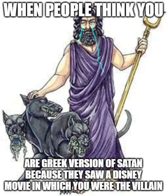 Greek mythology meme showing Hades crying, holding Cerberus, and referencing chaotic ancient reality TV moments.