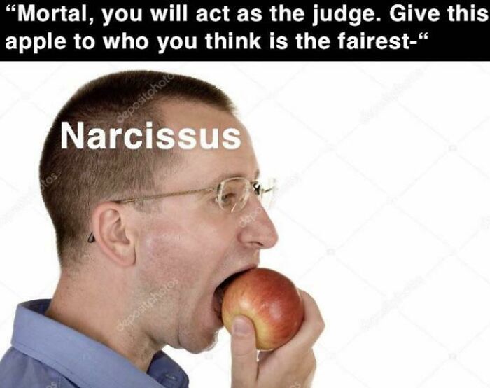Man labeled Narcissus biting an apple with text about judging the fairest, showcasing mythology memes chaotic humor.