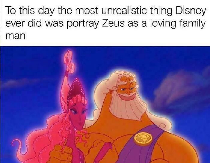 Disney's portrayal of Zeus as a loving family man contrasts with chaotic mythology meme about ancient reality TV.