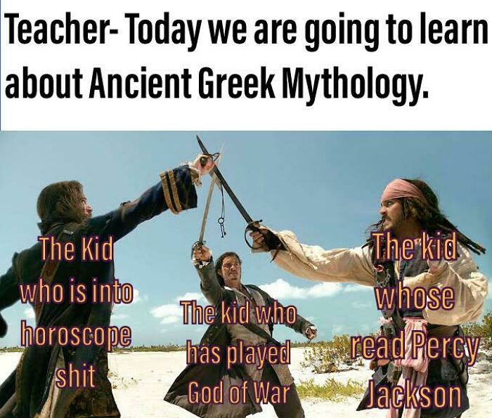 Three men in pirate costumes crossing swords representing kids interested in mythology, horoscope, and Percy Jackson.