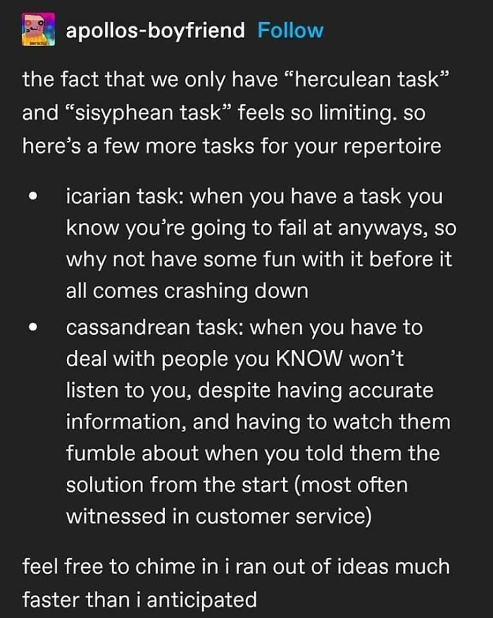 Text post describing new mythological tasks like icarian and cassandrean, sharing chaotic humor about mythology memes.