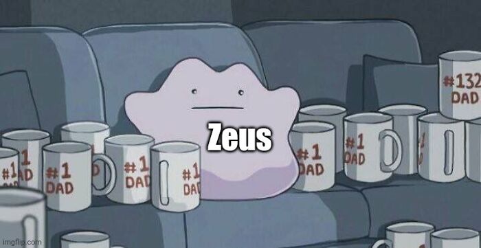 Purple blob character labeled Zeus sitting on a couch surrounded by multiple #1 Dad mugs in a chaotic scene.